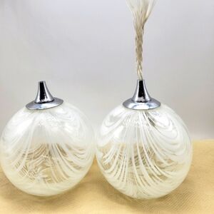 Hand-Blown Swirled White Glass Oil Lamps with Vintage Metal Wick Holders Set TWO
